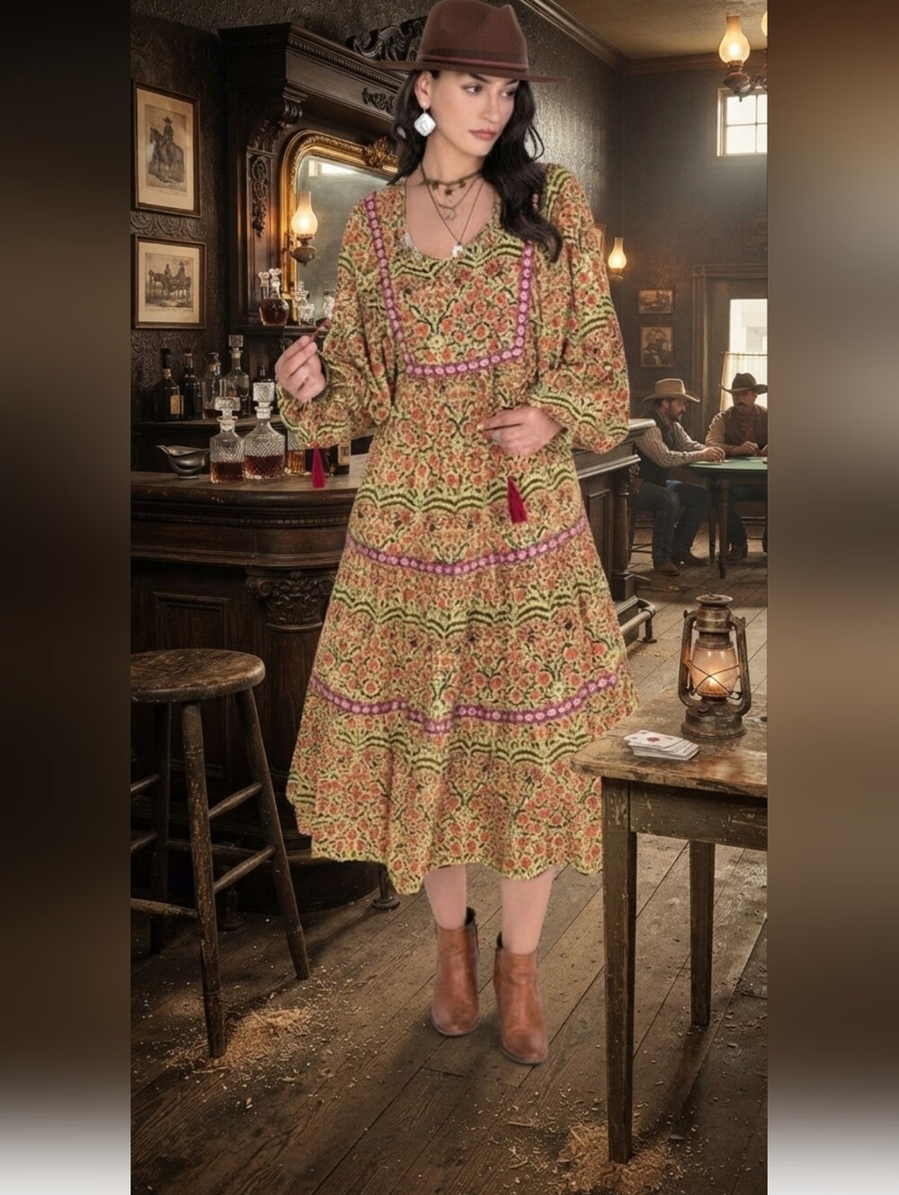Bohemian Floral Midi Dress in Mustard with Tassel Detail
